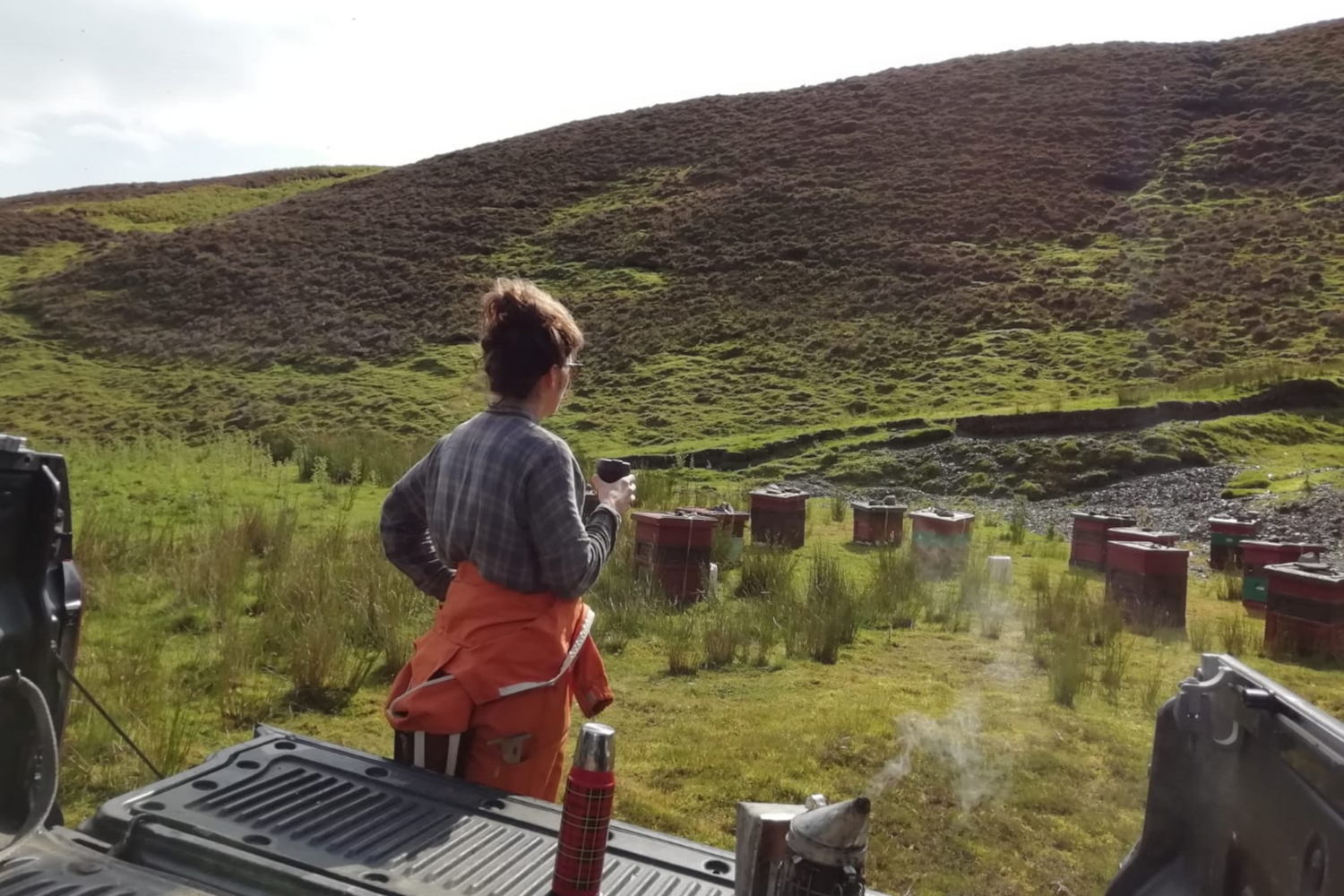 Katie our bee keeper taking a tea break and watching the bee hives