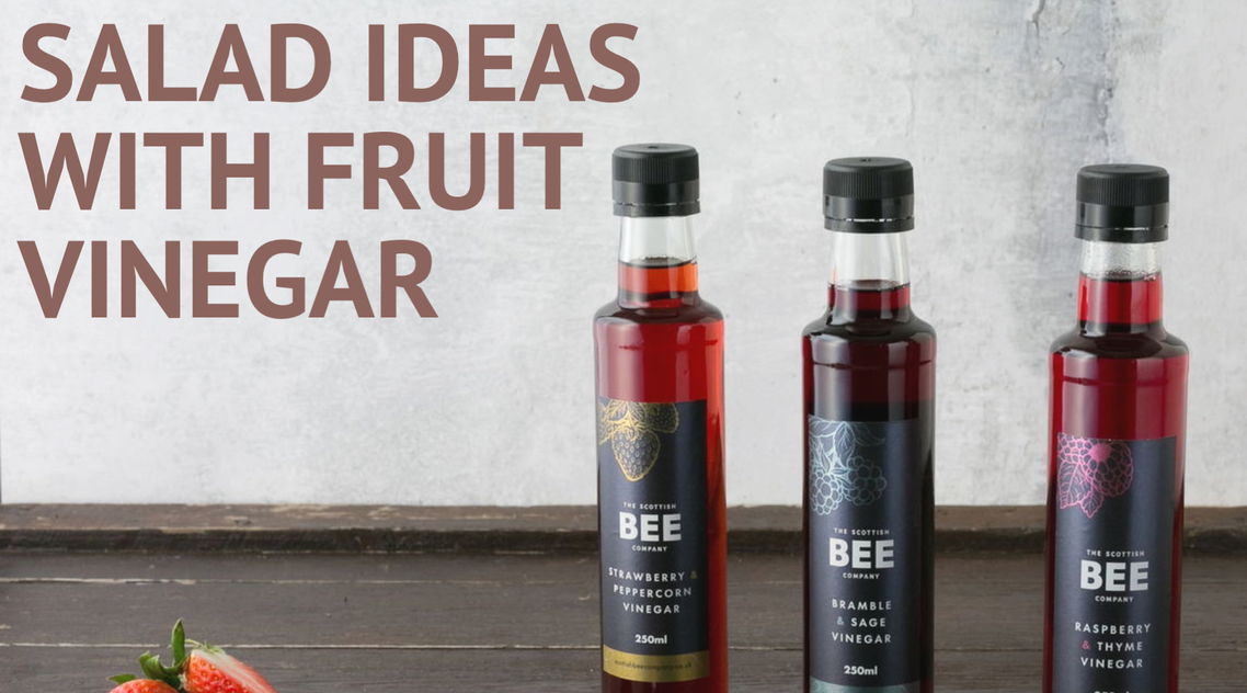 fruit vinegar collection with text 'salad ideas with fruit vinegar'