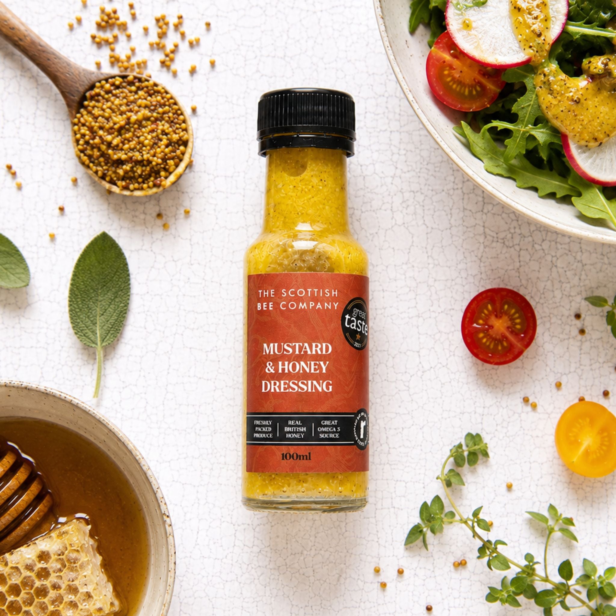 Mini Mustard & Honey Dressing with honey, mustard seeds and salad ingredients