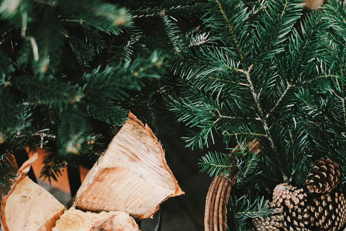 Christmas Tree, pine cones and wood for a fire 