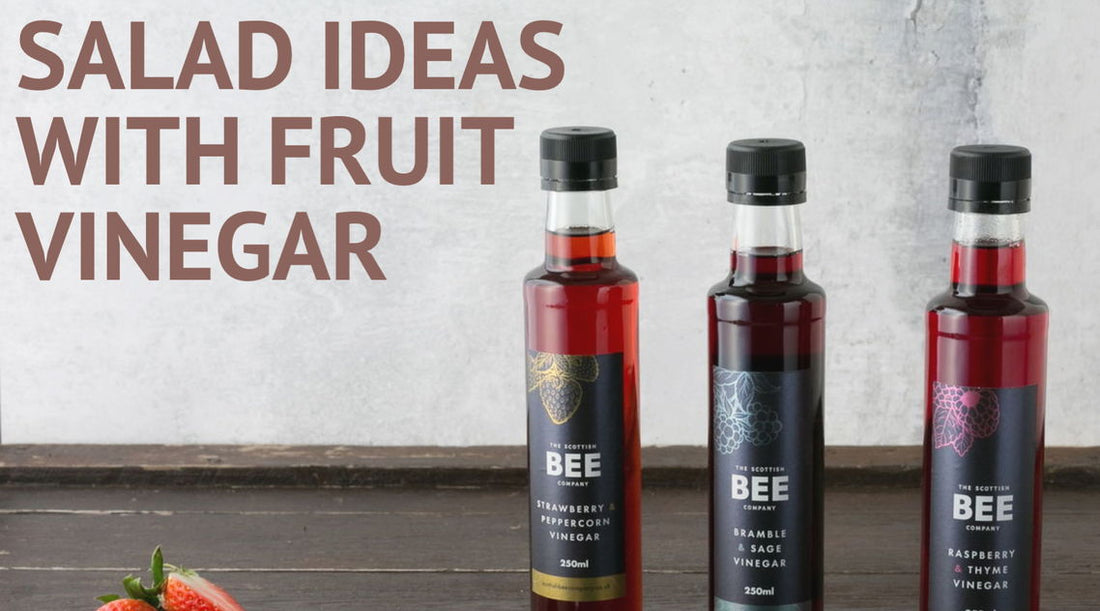 fruit vinegar collection with text 'salad ideas with fruit vinegar'