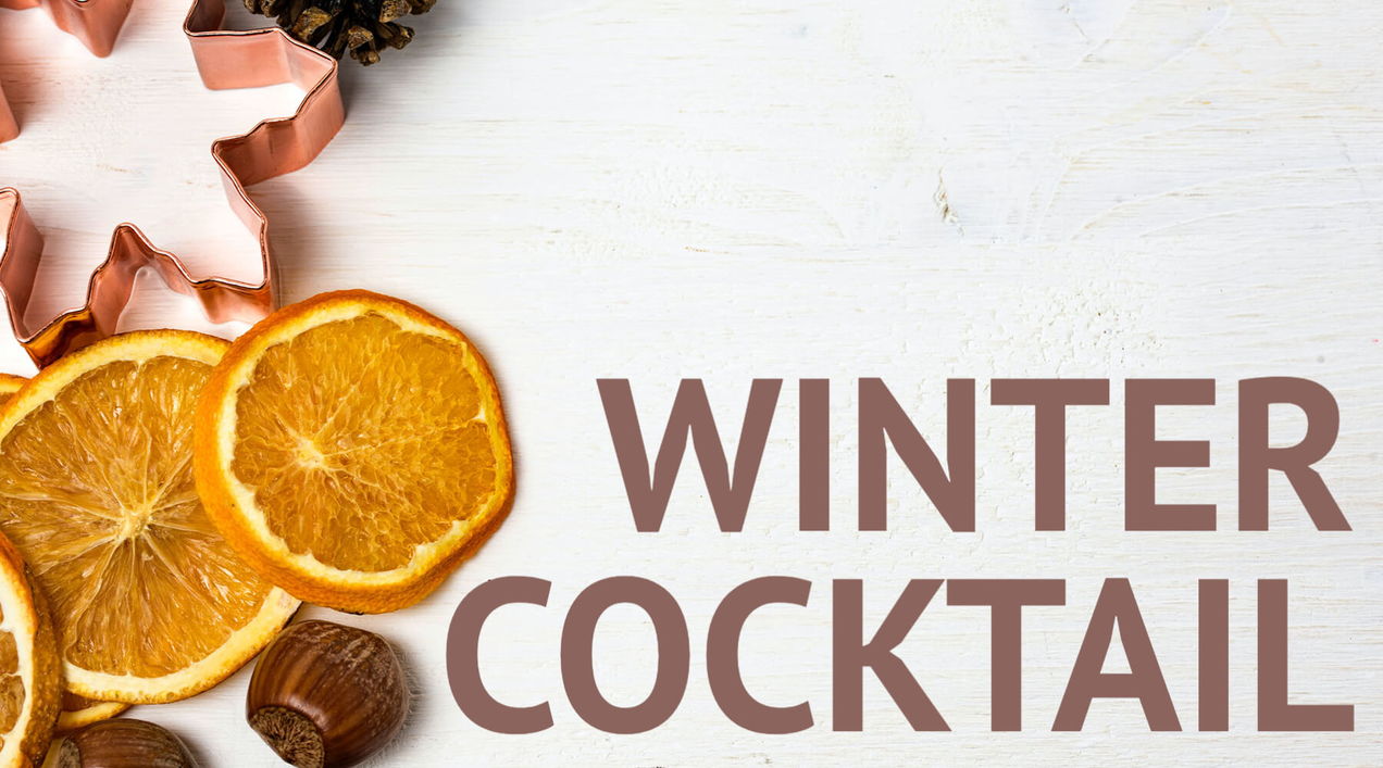 orange, snowflake cookie cutter, orange and text saying 'winter cocktail'