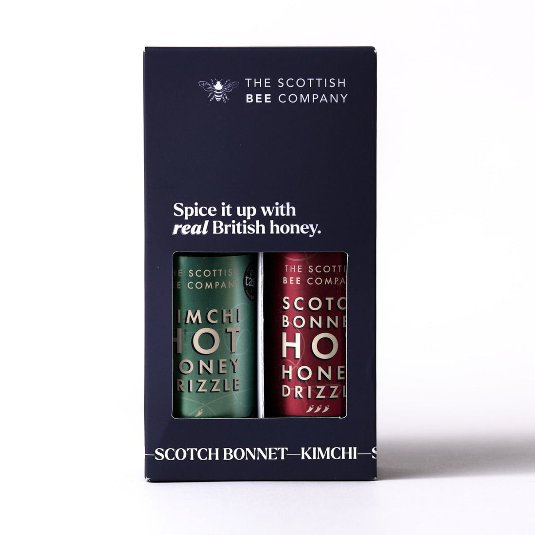 Packaging of The Scottish Bee Company honey with two jars inside on a white background. Contains Kimchi Hot Honey Drizzle and Scotch Bonnet Hot Honey Drizzle