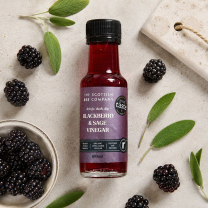 Mini Blackberry &amp; Sage Vinegar with fresh blackberries and sage leaves
