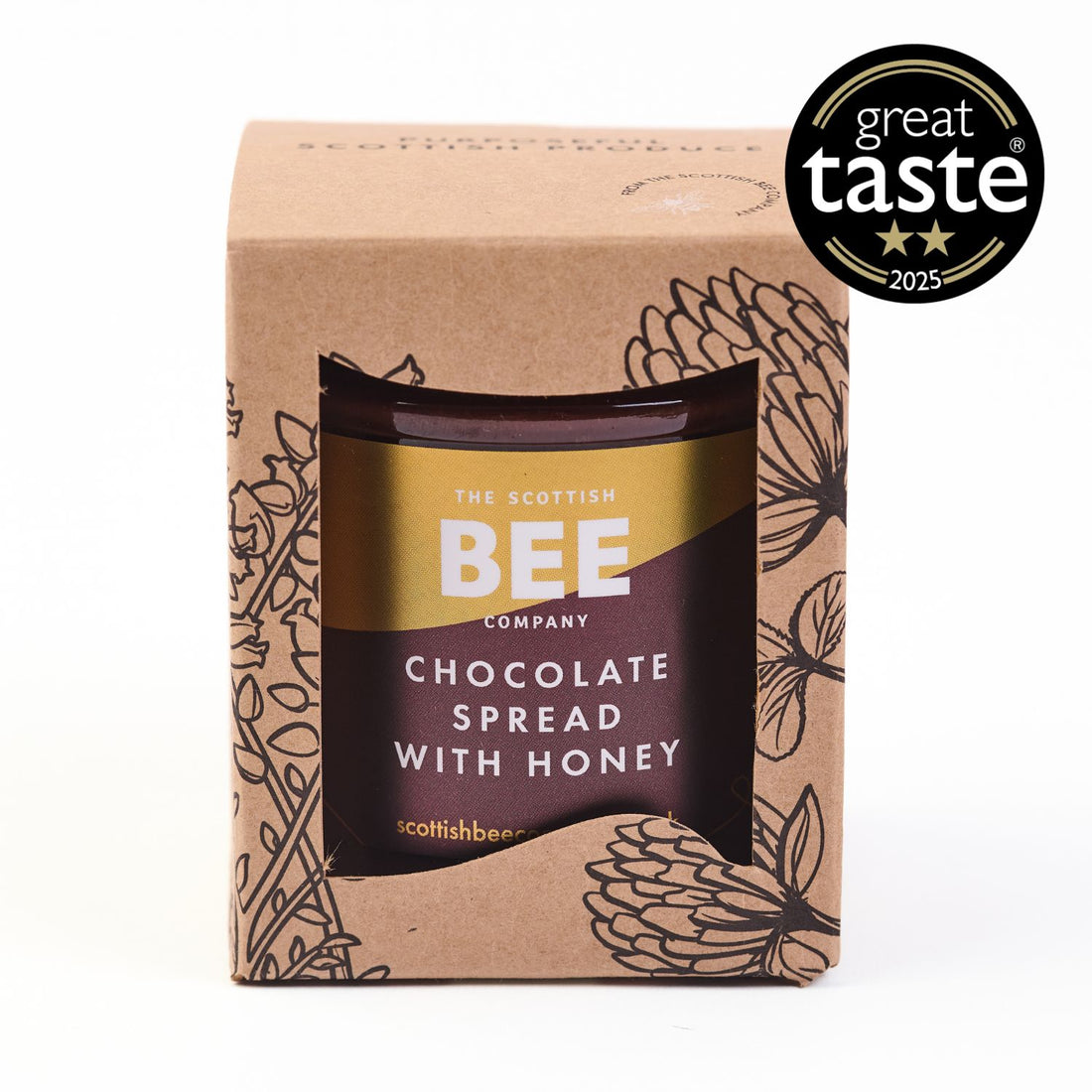 Chocolate spread with honey packaging from The Scottish Bee Company, featuring a Great Taste award badge.