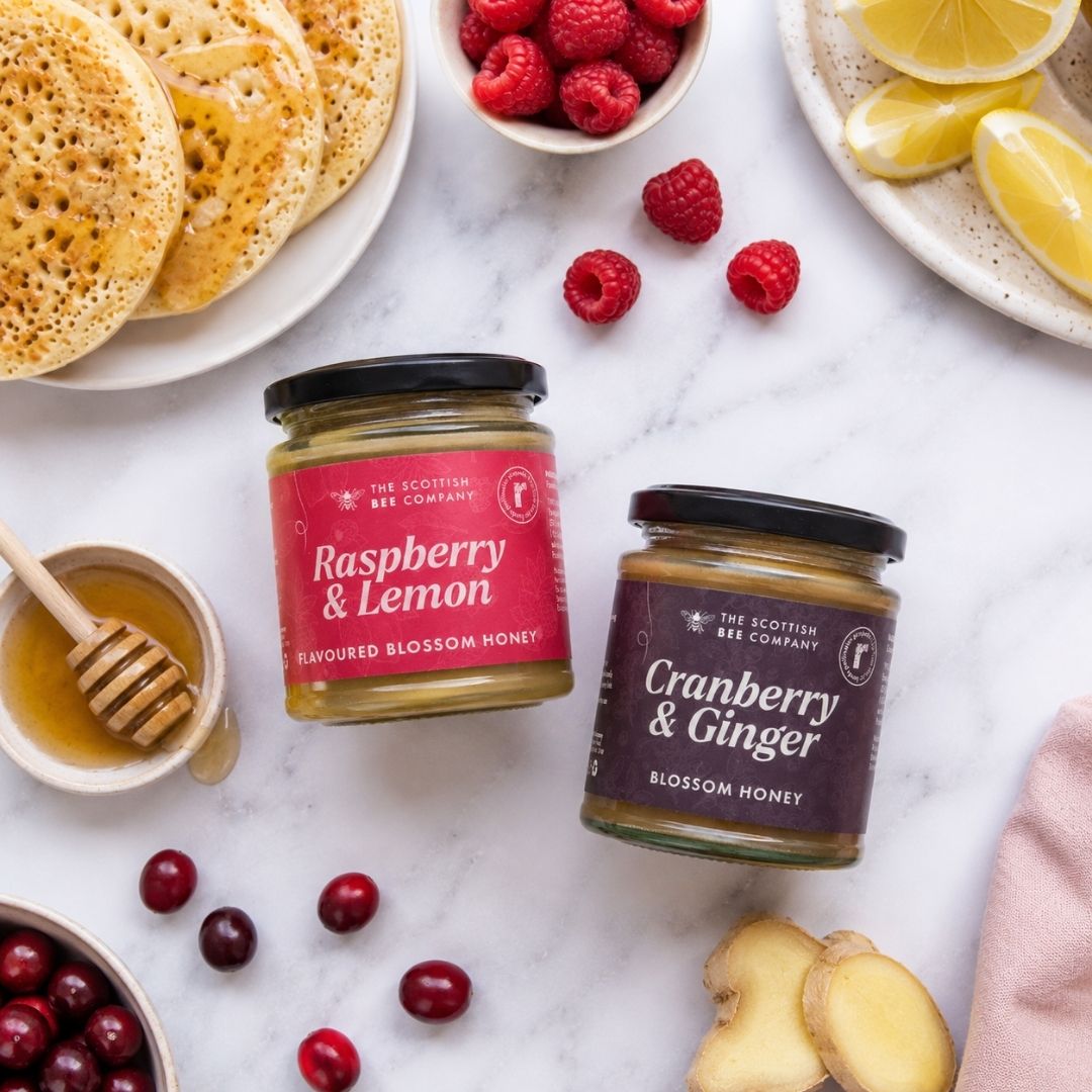 scottish bee company raspberry and lemon honey and cranberry and ginger honey lifestyle image