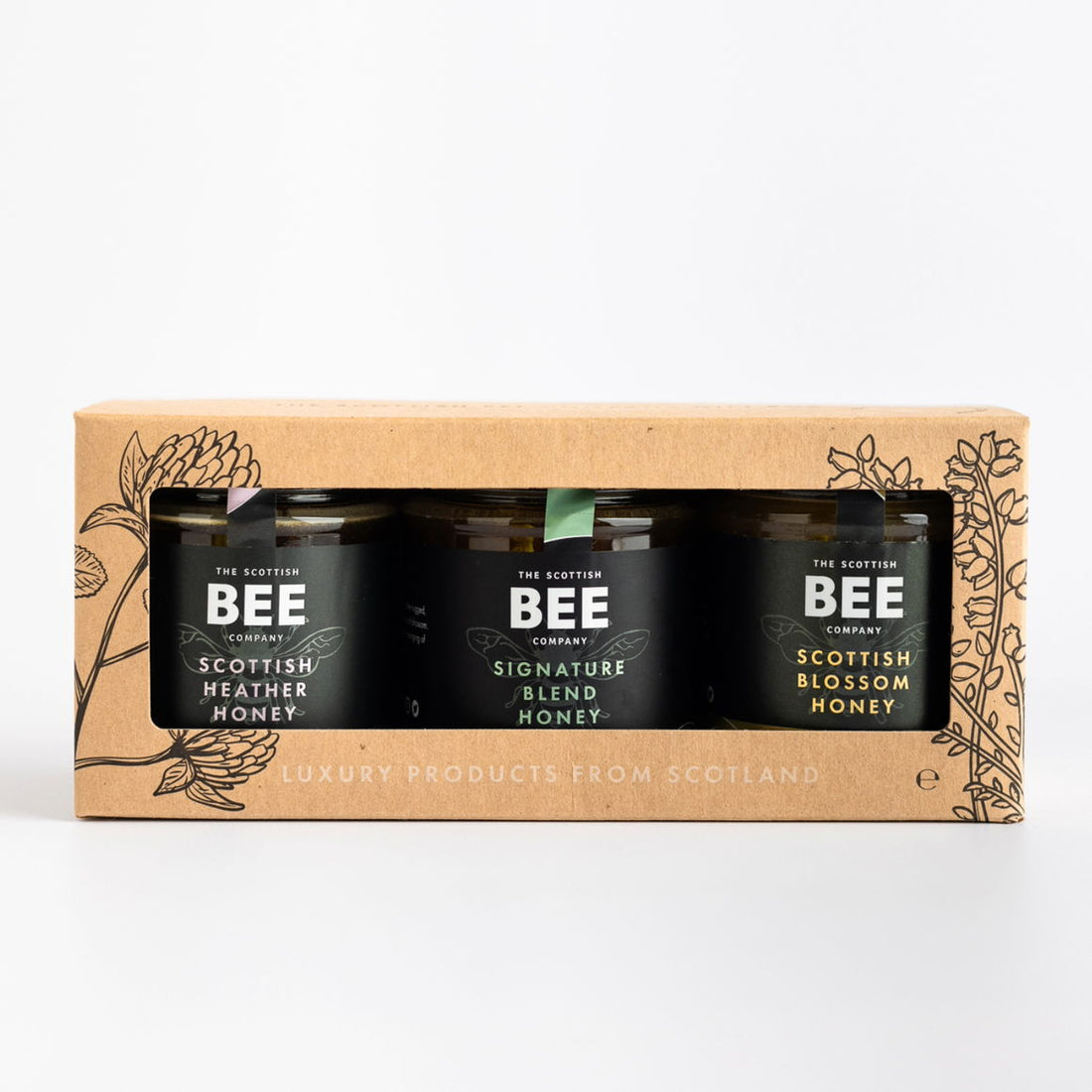 Trio of Scottish honey including heather, blossom and signature honeys