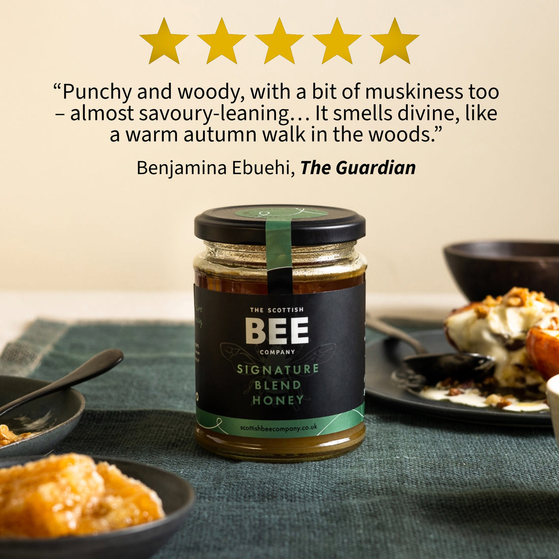 Jar of The Scottish Bee Company Signature Blend Honey on a table with a five-star rating and review text.