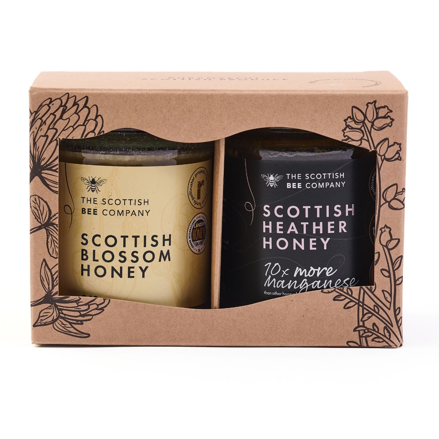 Two honey jars from The Scottish Bee Company in a cardboard packaging box.